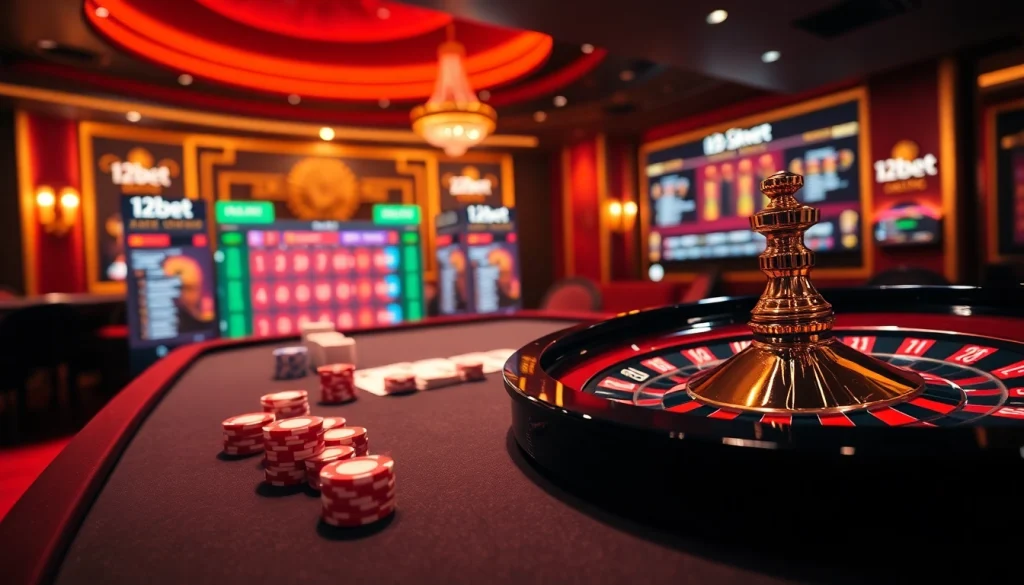 Experience thrilling games at 12bet with vibrant casino elements including poker chips and roulette.
