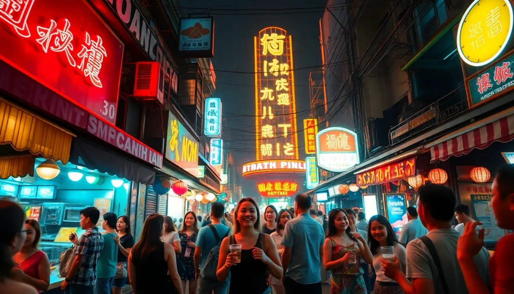 호치민밤문화 scene showcasing vibrant nightlife with people enjoying karaoke and street food.