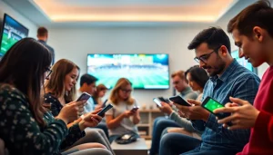 Engaged users participating in California sports betting with mobile apps in a lively setting.