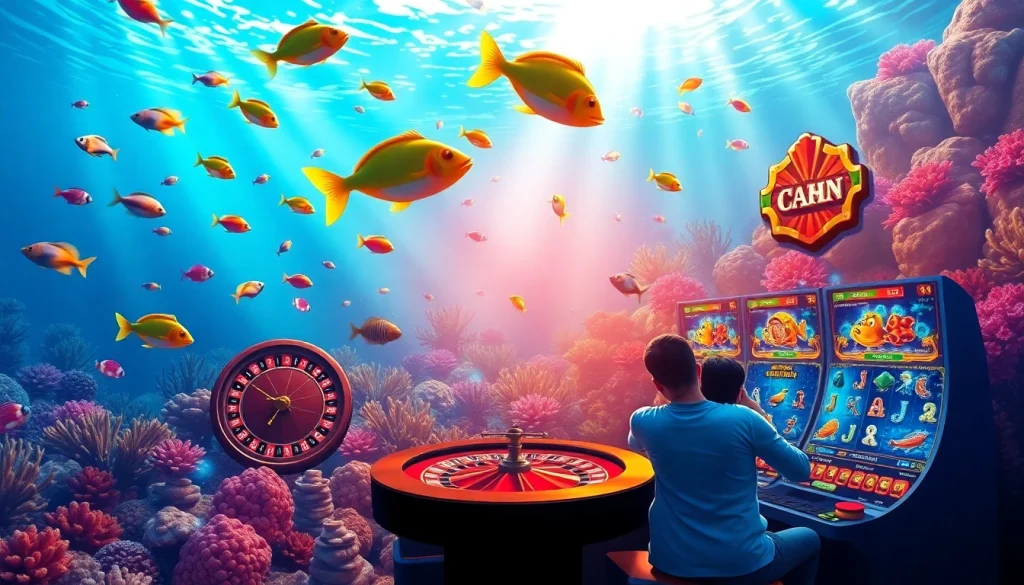 Bắn cá đổi thưởng gaming scene featuring vibrant underwater graphics and engaged players winning big.