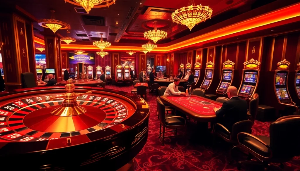 Engaging Slot777 action at a luxurious casino with poker tables and roulette wheel.