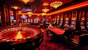 Engaging Slot777 action at a luxurious casino with poker tables and roulette wheel.