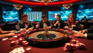 Players enjoying a thrilling casino experience at https://rr88.wales/ with vibrant poker chips and roulette wheel.