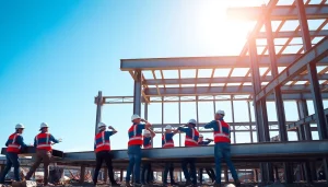 Workers executing precise structural steel installation on a construction site with beams and columns.