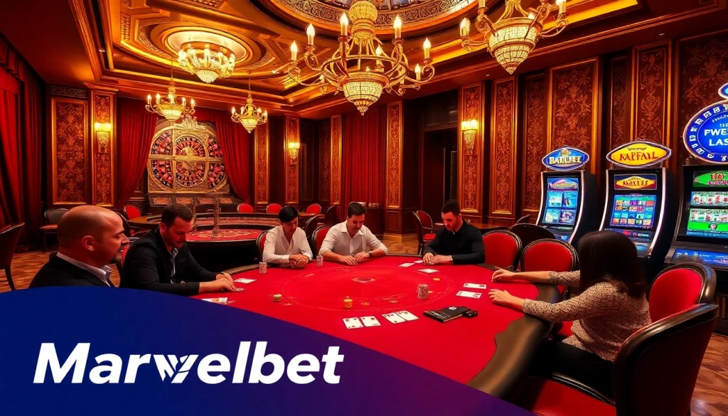 Marvelbet features an immersive casino experience with poker tables and vibrant slot machines.