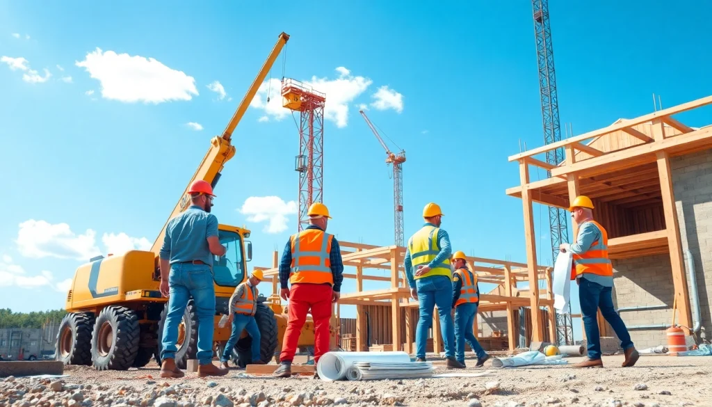 Austin construction site bustling with workers and machinery, showcasing teamwork and progress on a sunny day.