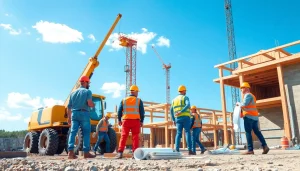 Austin construction site bustling with workers and machinery, showcasing teamwork and progress on a sunny day.