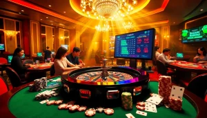 Experience the excitement of gambling with 상품권카드 at a luxurious casino table filled with vibrant poker chips and cards.
