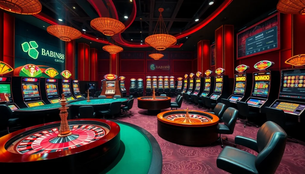 Babu88 casino scene with vibrant tables, roulette wheel, and engaging online betting interface.