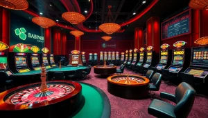 Babu88 casino scene with vibrant tables, roulette wheel, and engaging online betting interface.