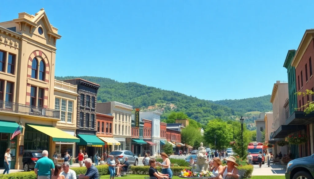Experience the charm of Clarksburg with vibrant downtown and green parks on a sunny day.