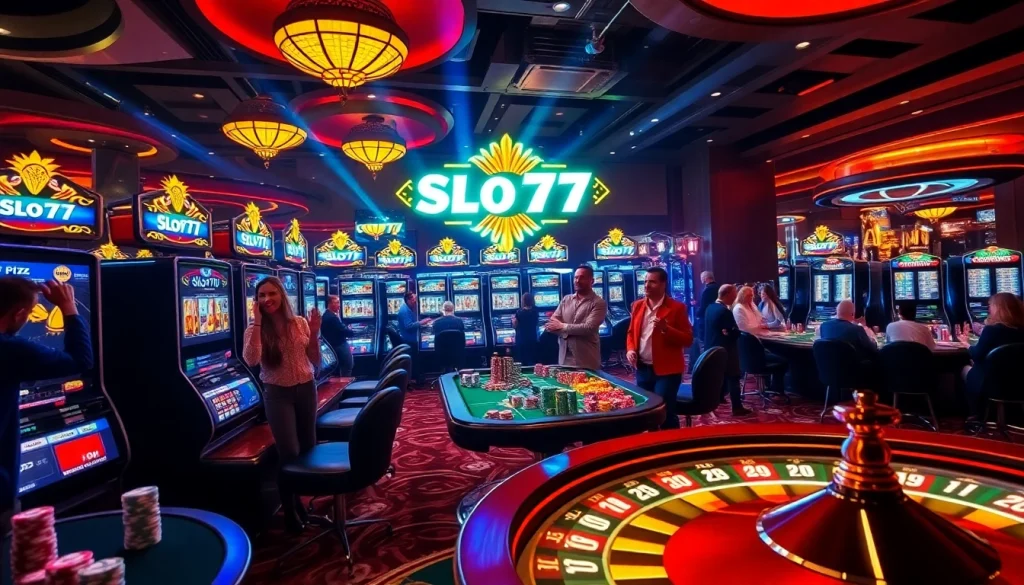 Exciting casino visual with Slot777 machines and players winning at poker tables.