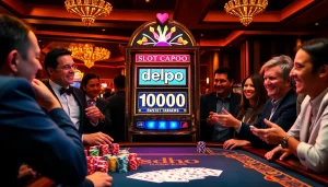 Adegan seru yang menampilkan para pemain di sekitar mesin Slot Depo 1000 merayakan kemenangan mereka di kasino mewah.