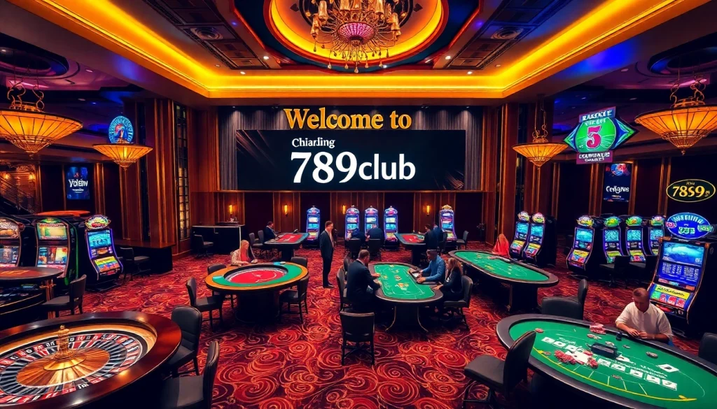 Players enjoying gaming excitement at 789club casino, featuring tables and slot machines.