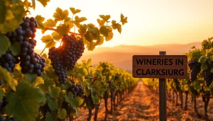 Visit vibrant wineries in Clarksburg, showcasing lush vineyards during sunset.