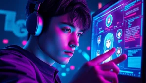 Futuristic AI image generator creating NSFW anime characters in a vibrant digital landscape.