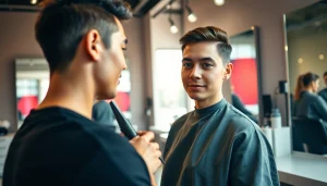 Coafat Craiova: hairstylist performing a trendy haircut in a vibrant salon setting.