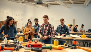 Engaged students at construction trade schools in Texas utilizing tools and collaborating in a vibrant classroom.