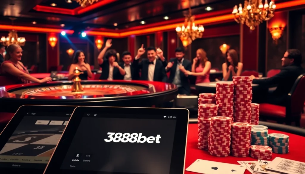 Engaged players celebrating wins at 388bet's luxurious casino table with poker chips.