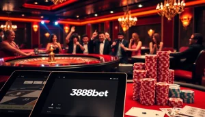 Engaged players celebrating wins at 388bet's luxurious casino table with poker chips.