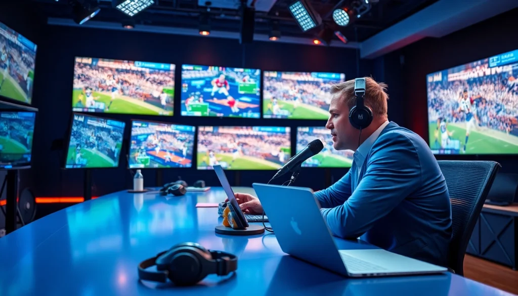 Captivating sports broadcasting scene with an announcer in action, showcasing the energy of live sports.