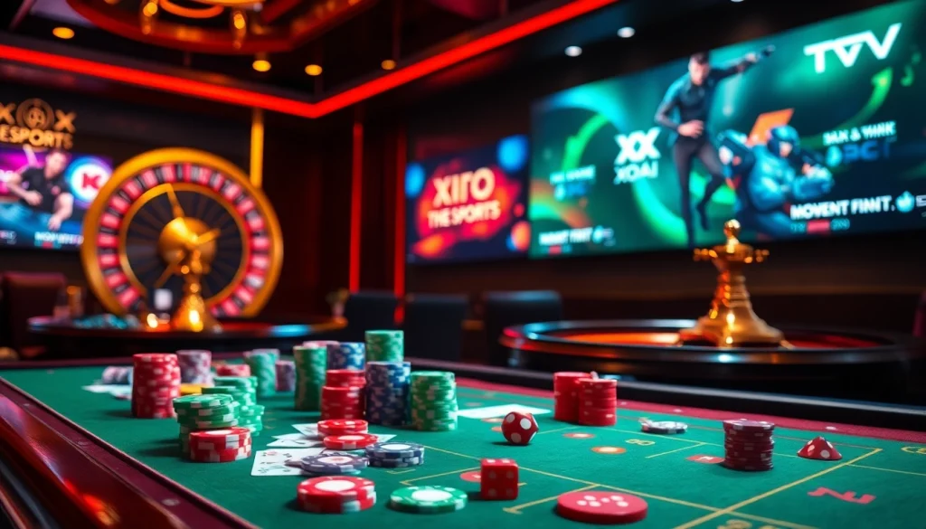 Xôi Xoài TV showcases thrilling esports action alongside vibrant casino games at a luxurious table.