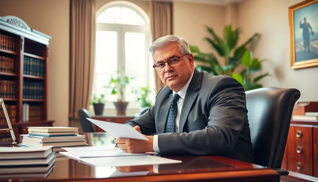 Broward County litigation lawyer reviewing case materials in an elegant office setting.