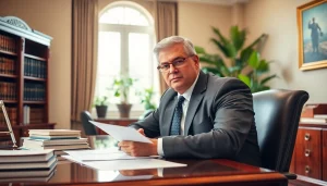 Broward County litigation lawyer reviewing case materials in an elegant office setting.