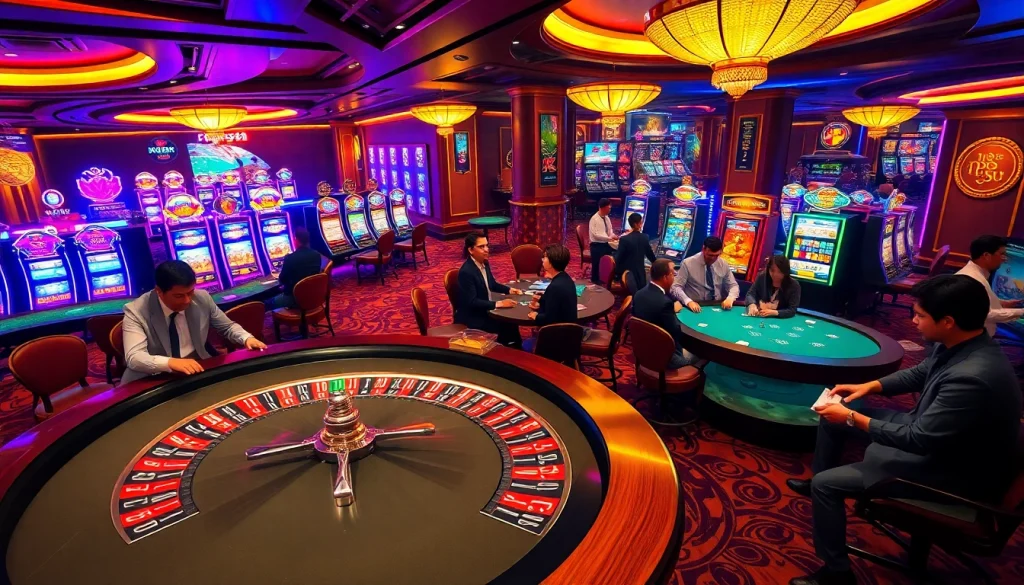Experience dynamic gambling action at nhà cái PS99 with players engaged in lively poker games and roulette.