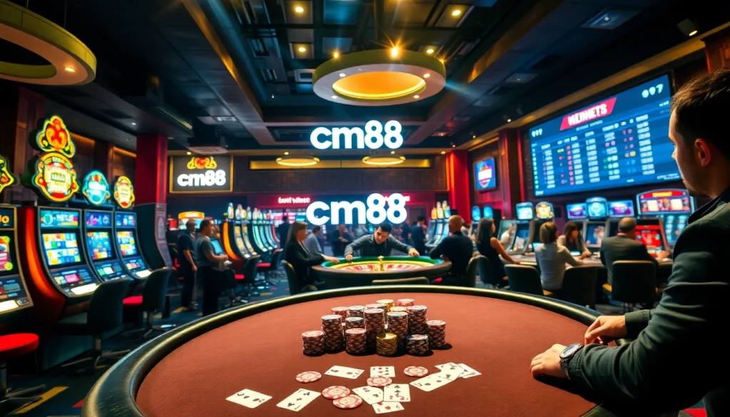 Excited players enjoying cm88 poker with vibrant casino ambiance and luxury details.