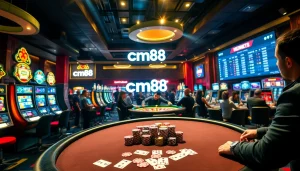 Excited players enjoying cm88 poker with vibrant casino ambiance and luxury details.