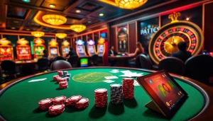 An exciting casino game showcasing link alternatif onicplay with vibrant slot machines, poker chips, and a roulette wheel.