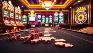 S8 players celebrating their wins at a vibrant casino table surrounded by dazzling slot machines.