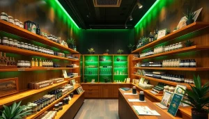 Shop interior featuring sophisticated cannabis products at Association cannabis shop Madrid.