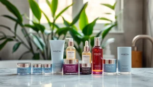 Kosmetika priemonės estetiškai išdėstytos vonioje, akcentuojančios prabangą.