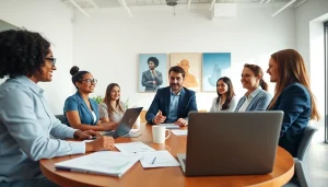 Engage diverse professionals to hire account executives effectively in a modern office.