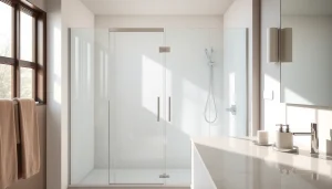 Showcasing sunney shower doors in a modern bathroom with elegant finishes and natural lighting.