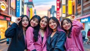 Blackpink members Jisoo, Jennie, Rosé, and Lisa posing in a vibrant cityscape.