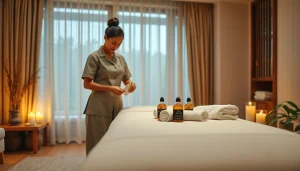 Professional 출장 therapist preparing a calming massage environment at home.