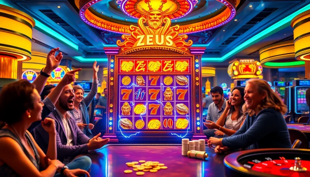 Rasakan sensasi bermain Zeus Slot di tengah kegembiraan kasino yang penuh warna dan sorak sorai para pemain.