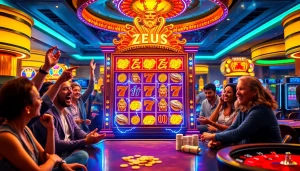 Rasakan sensasi bermain Zeus Slot di tengah kegembiraan kasino yang penuh warna dan sorak sorai para pemain.