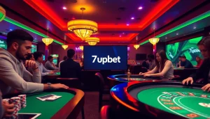 Engaging gamblers in a lively 7upbet casino atmosphere with poker chips and roulette.