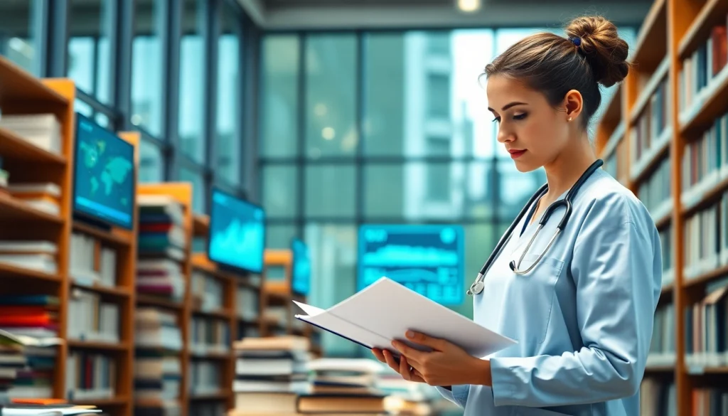 Nursing research literature review service expert analyzing medical texts in a serene library.