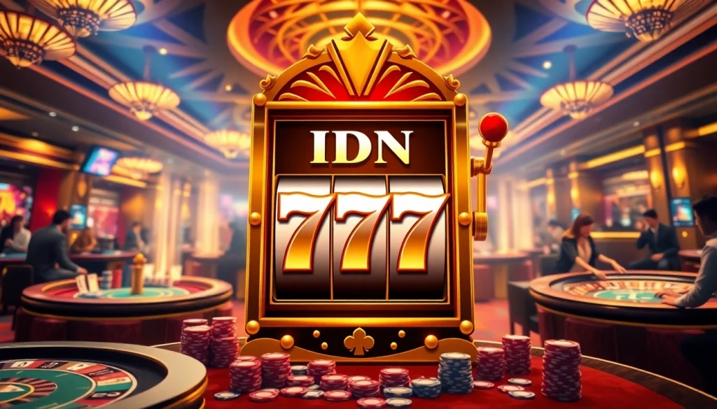 Players engaging with the IDN Slot 777 at a vibrant casino, showcasing excitement and winning potential.