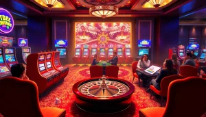 KJC players enjoying an exciting game at a luxurious casino, showcasing poker chips and vibrant slot machines.