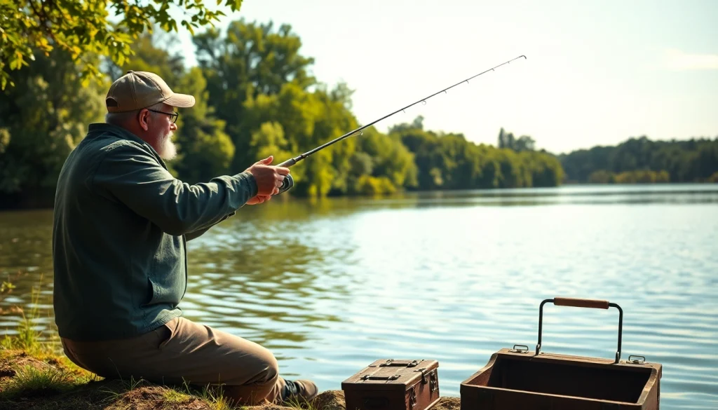 Engaging in fly fishing for bass with a picturesque lake setting and natural lighting.