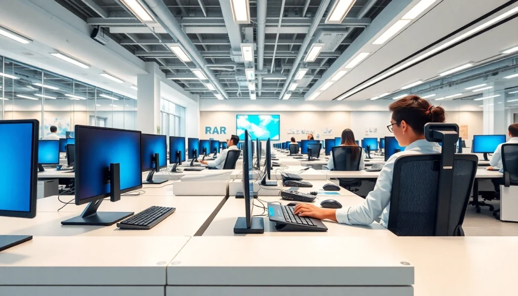 Efficient typing center with modern workstations and engaged professionals.