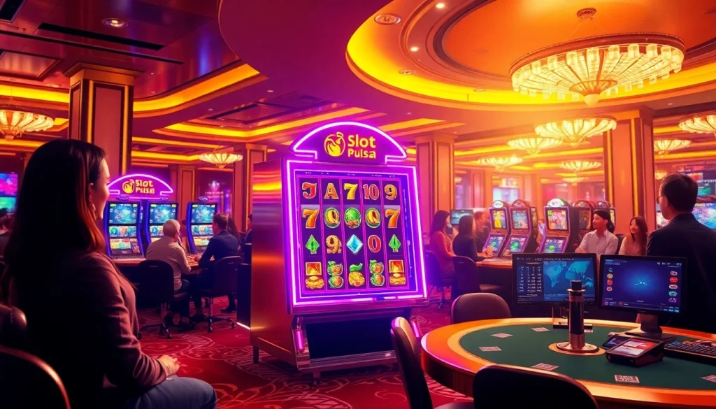 Experience the excitement of slot depo pulsa at a vibrant casino featuring modern slot machines and eager players.