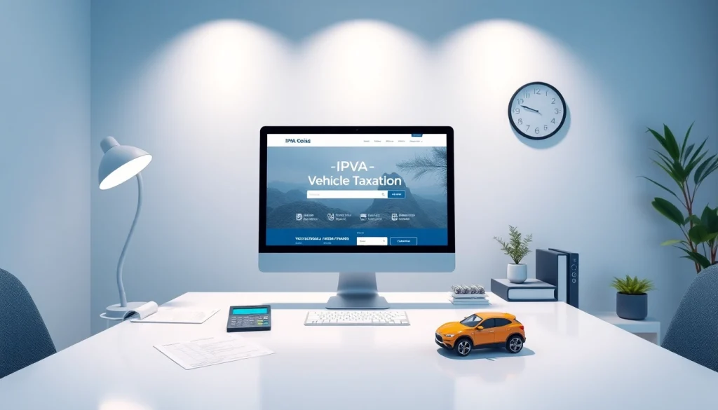 Explore the IPVA GO payments and tax details, showcasing a professional environment with relevant documents and technology.