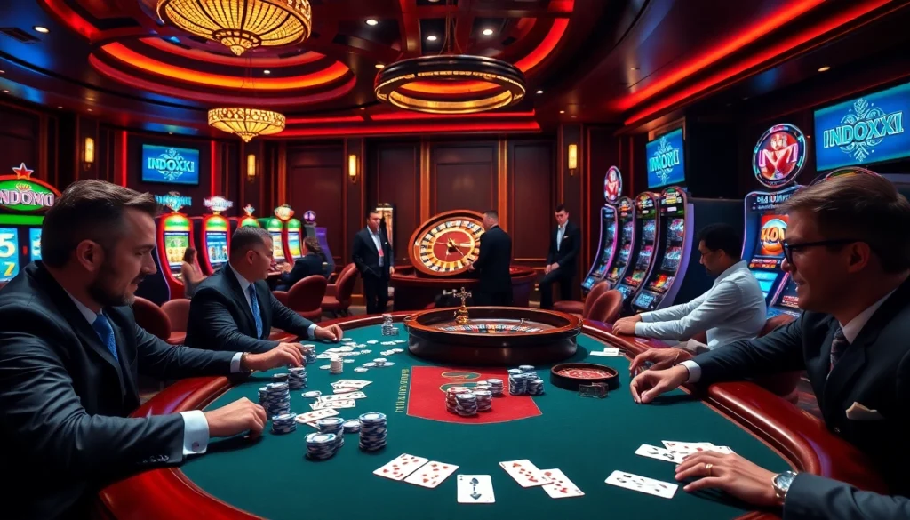High-stakes poker game at a luxurious casino featuring indoxxi themed decorations.